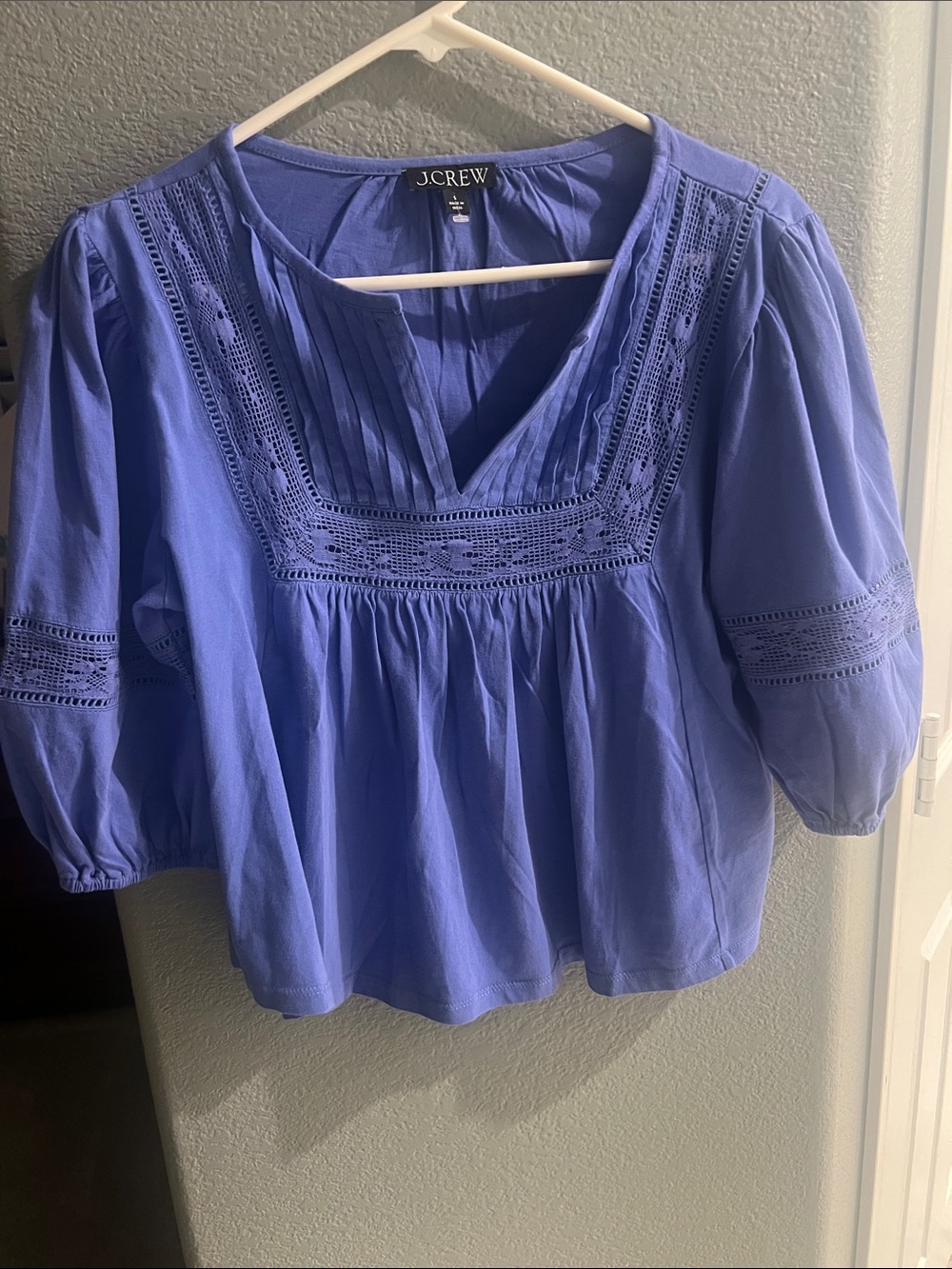 J. Crew Periwinkle Lace-Trim Peasant Blouse